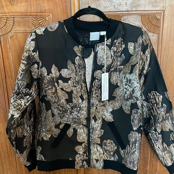Jackets & Blazers - Black Dressy Bomber Jacket with Silver and Gold Leaf Print.  Zipper closure.